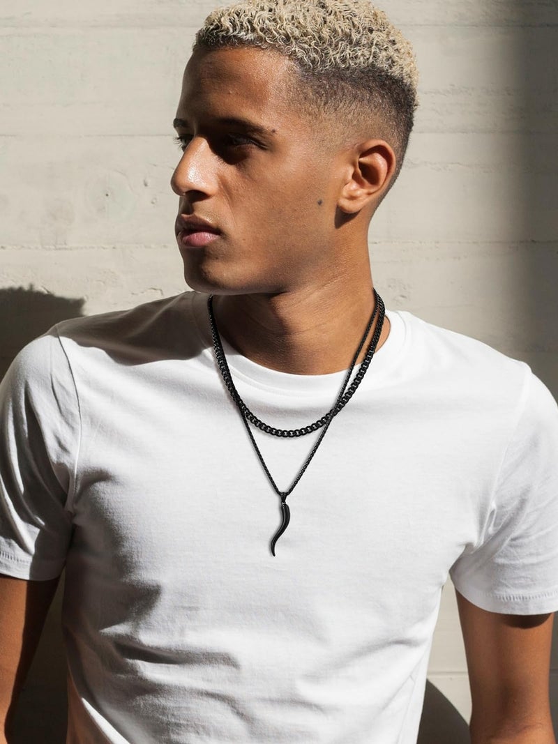 U7 Italian Corno Horn Pendant Ion Plating Black Spiga Wheat Chain Lucky Amulet Necklace for Men Women - Image 2